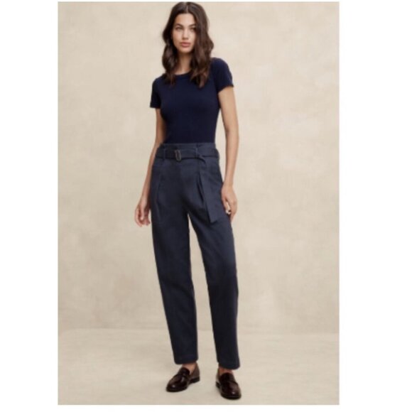 New Banana Republic Factory Women Twill Belted Taper Pant Size 10 Navy High-Rise - Picture 1 of 13